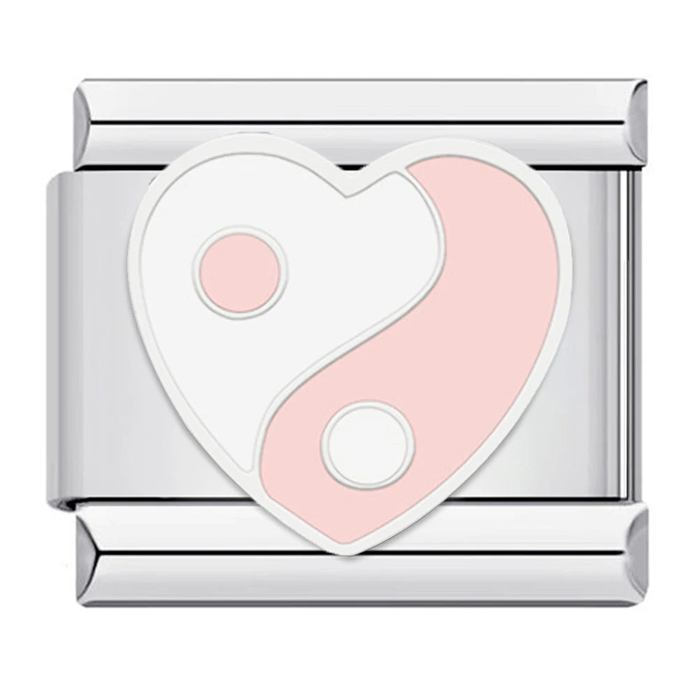 Pink/White Heart Charm | Silver Italian Charm Bracelet